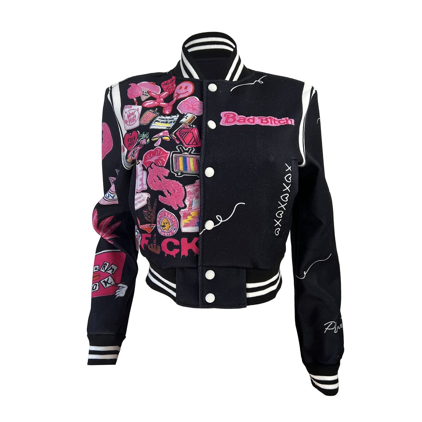 SaytoRose Varsity Jacket Women Print Vintage Patches Letterman Cropped Bomber Jacket Lightweight Dressy Cute Coat(Black,XXL)