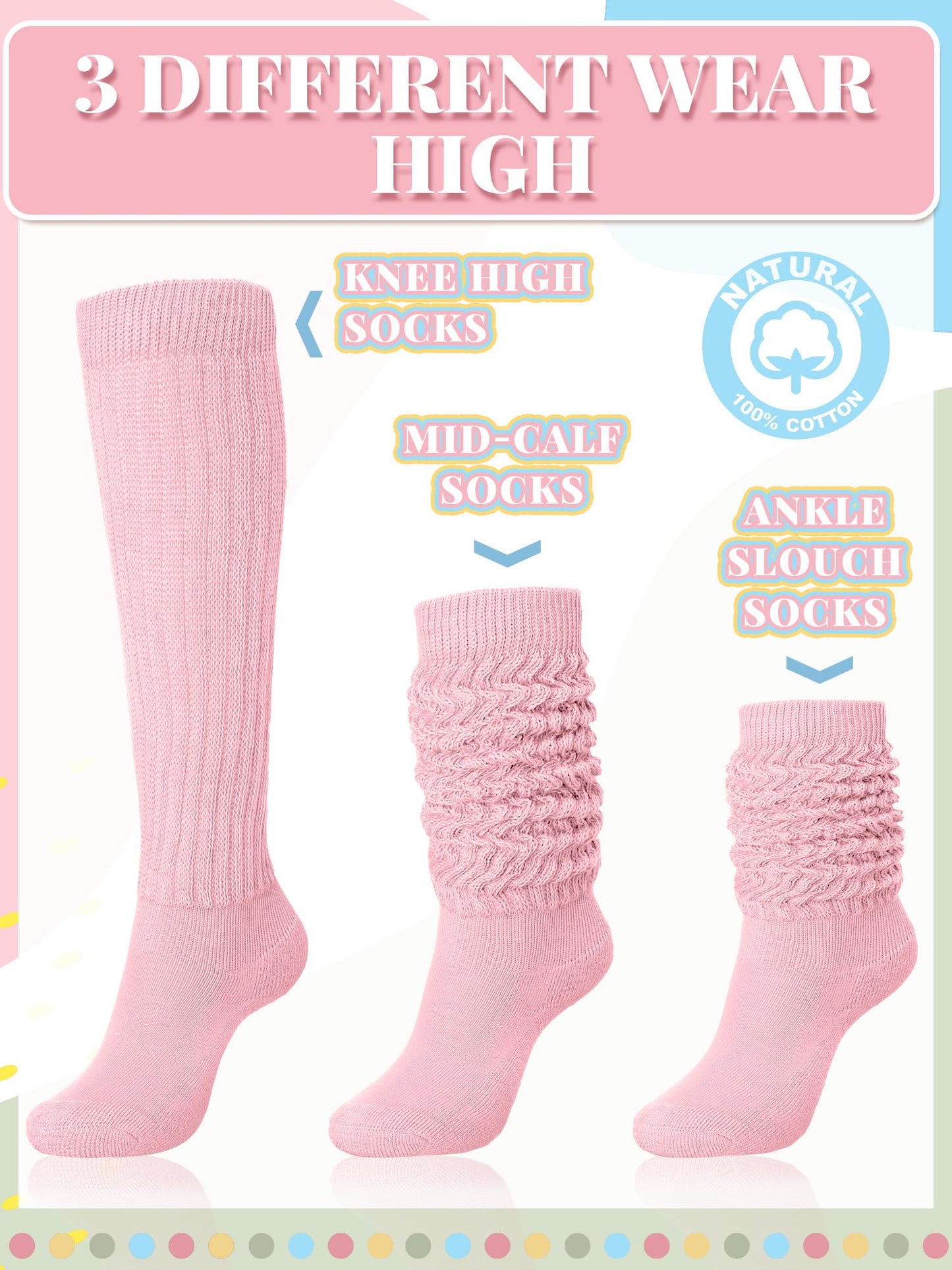 Janmercy 4 Pairs Slouch Socks for Women Bulk Stacked Boot 80s 90s Neon Slouch Knit Scrunchie Socks(Medium,Pastel Color)