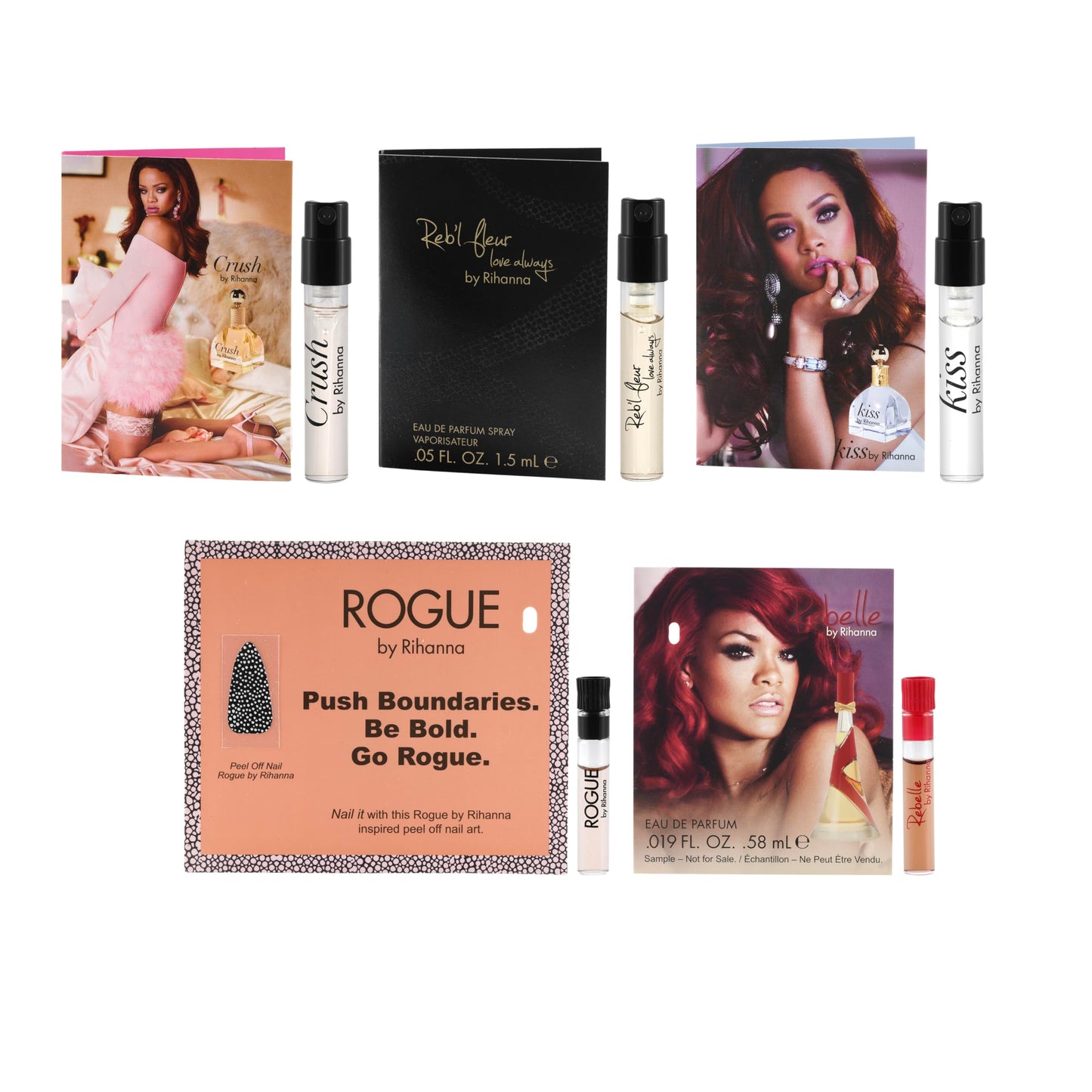 5 Rihanna perfume samples for women: Crush, Reb'l Fleur, Kiss, Rogue, and Rebelle. Fragrance sample vial bottles perfume Set. Great for small gift or to try before purchasing bigger bottles.
