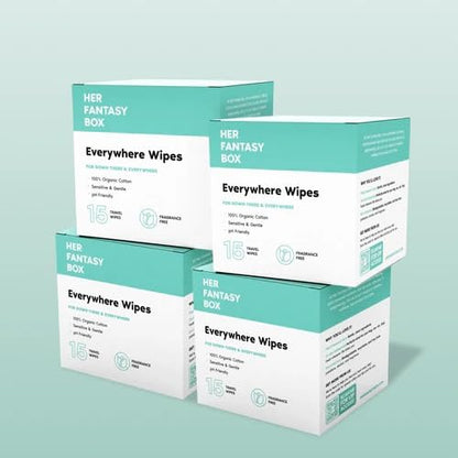 Her Fantasy Box | Everywhere Wipes – 100% Organic Cotton, Gentle & Refreshing, pH-Balanced, Fragrance-Free, Plant-Powered for Body, Face & Intimate Areas, Ideal for Sensitive Skin - 1 Pack, 15 Wipes
