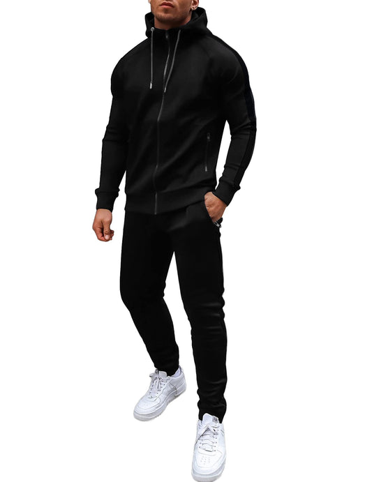 COOFANDY Men's Tracksuit Casual Athletic Full-Zip Sweatsuit Black Jogger Suits 2 Piece Outfit Activewear with Zipper Pockets (Black L)