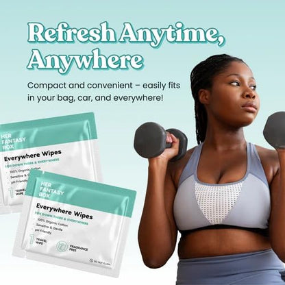 Her Fantasy Box | Everywhere Wipes – 100% Organic Cotton, Gentle & Refreshing, pH-Balanced, Fragrance-Free, Plant-Powered for Body, Face & Intimate Areas, Ideal for Sensitive Skin - 1 Pack, 15 Wipes