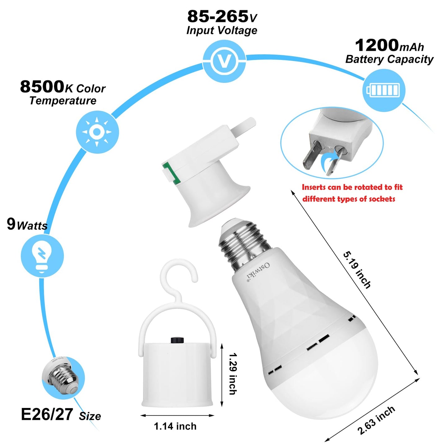 Emergency Rechargeable Light Bulbs,6 Pack Battery Operated Backup Light Bulb for Power Outage Camping Outdoor Hurricane 9W E27 8500K 1200mAh White Equivalent Self-Charging LED Light Bulbs