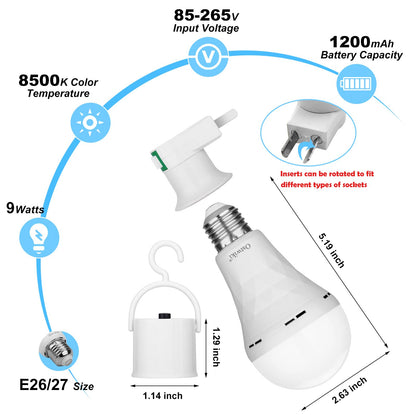 Emergency Rechargeable Light Bulbs,6 Pack Battery Operated Backup Light Bulb for Power Outage Camping Outdoor Hurricane 9W E27 8500K 1200mAh White Equivalent Self-Charging LED Light Bulbs