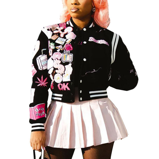 SaytoRose Varsity Jacket Women Print Vintage Patches Letterman Cropped Bomber Jacket Lightweight Dressy Cute Coat(Black,XXL)