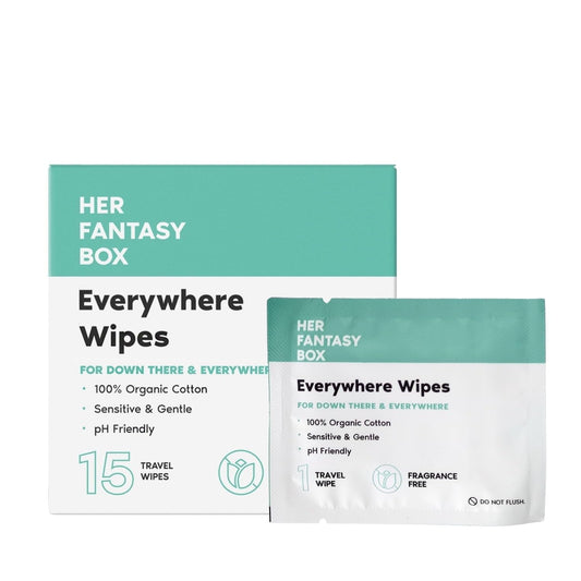 Her Fantasy Box | Everywhere Wipes – 100% Organic Cotton, Gentle & Refreshing, pH-Balanced, Fragrance-Free, Plant-Powered for Body, Face & Intimate Areas, Ideal for Sensitive Skin - 1 Pack, 15 Wipes