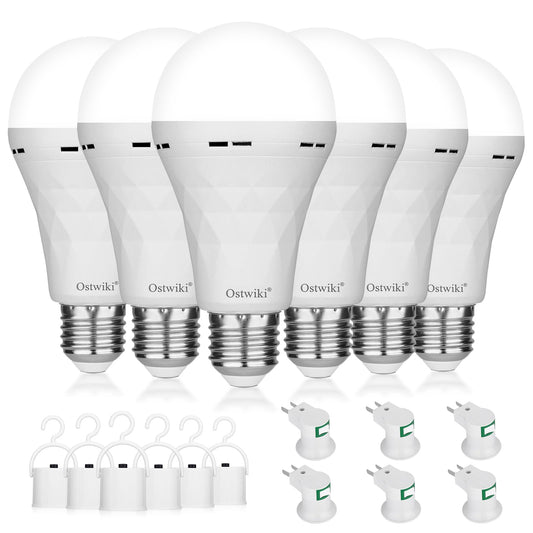 Emergency Rechargeable Light Bulbs,6 Pack Battery Operated Backup Light Bulb for Power Outage Camping Outdoor Hurricane 9W E27 8500K 1200mAh White Equivalent Self-Charging LED Light Bulbs