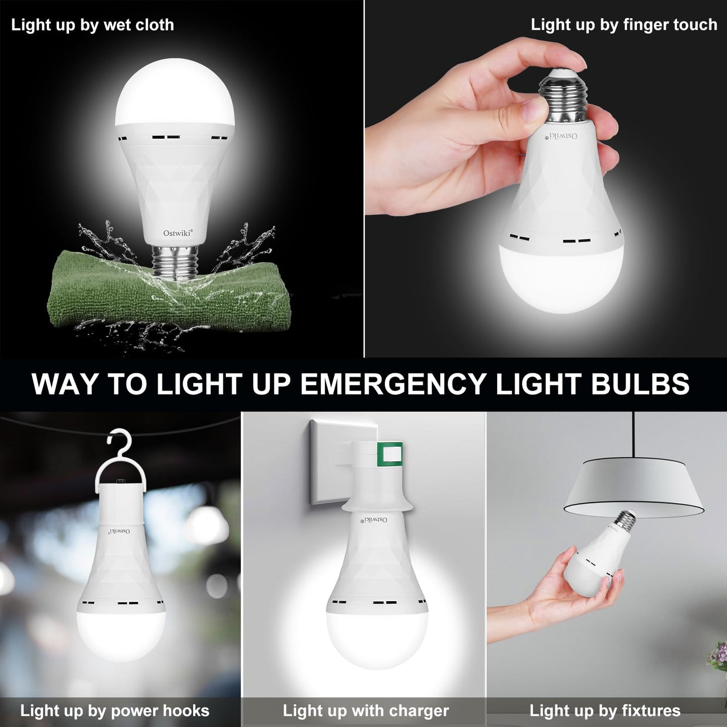 Emergency Rechargeable Light Bulbs,6 Pack Battery Operated Backup Light Bulb for Power Outage Camping Outdoor Hurricane 9W E27 8500K 1200mAh White Equivalent Self-Charging LED Light Bulbs