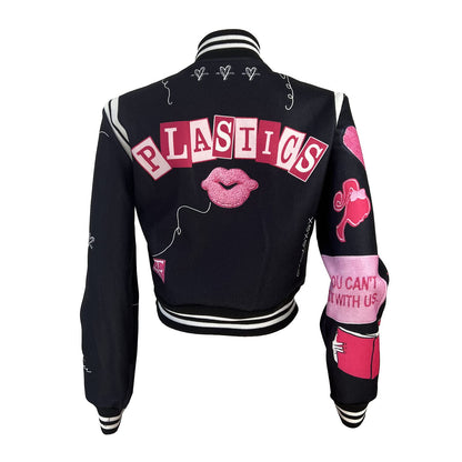 SaytoRose Varsity Jacket Women Print Vintage Patches Letterman Cropped Bomber Jacket Lightweight Dressy Cute Coat(Black,XXL)