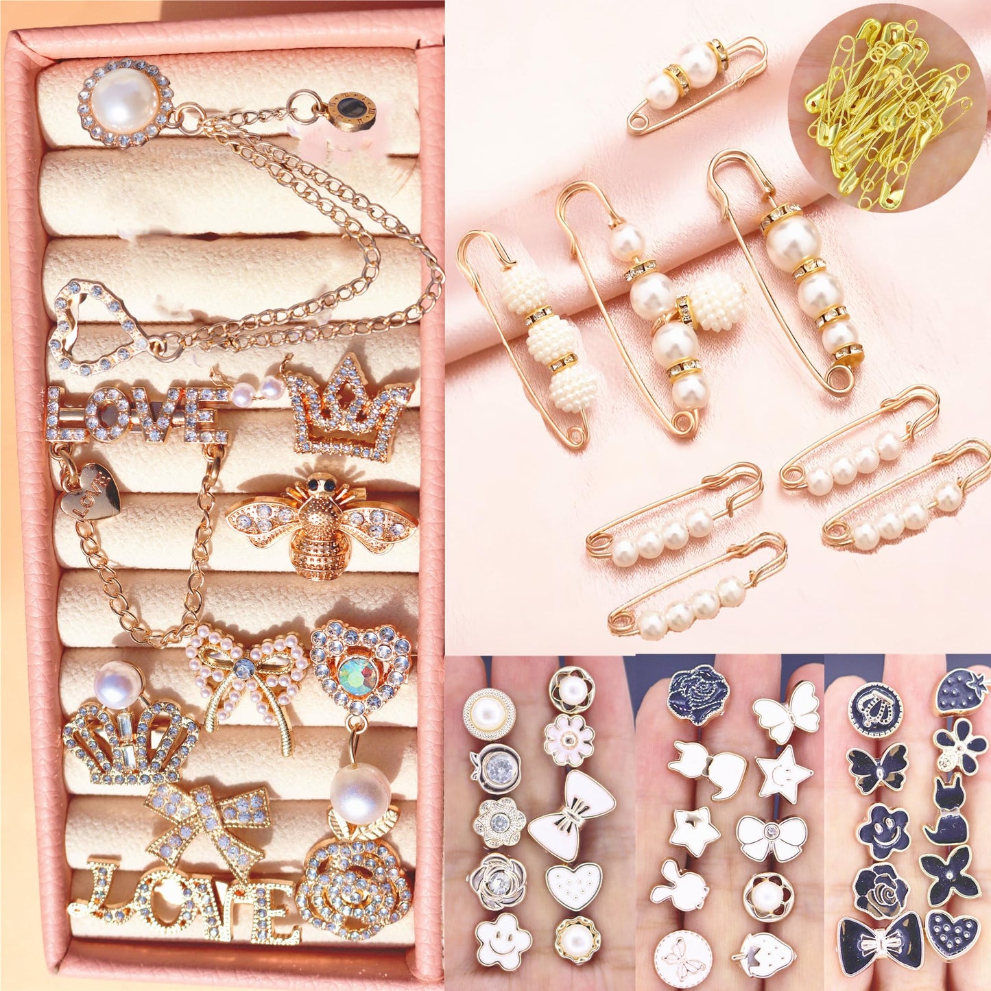 72Pcs Junk Socks Charms Kit, Gold Brooches and Pins for Women,Pearl and Rhinestone Sock Charms with Safety Pins, DIY Accessories for Decorating and Personalizing Socks Clothes Hats Shoes Scarf Shawl