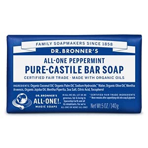 Dr. Bronner's - Pure-Castile Bar Soap (Peppermint, 5 ounce) - Made with Organic Oils, For Face, Body and Hair, Gentle and Moisturizing, Biodegradable, Vegan, Cruelty-free, Non-GMO
