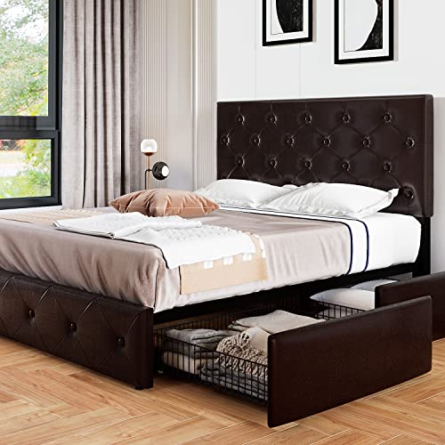 Allewie Upholstered Full Size Platform Bed Frame with 4 Storage Drawers and Headboard, Diamond Stitched Button Tufted, Mattress Foundation with Wooden Slats Support, No Box Spring Needed, Black Brown