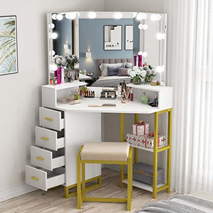 PAKASEPT Corner Vanity Set with Three-Fold Mirror & Light Bulbs, Makeup Desk with 4 Storage Drawers for Women, Desk Vanity Set for Small Spaces, Bedroom