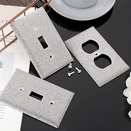 4Pcs Bling Light Switch Cover Shiny Silver Rhinestones Wall Plate Light Switch Wall Plate Cover Sparkly Diamond Plate Outlet Decorative Glitter Outlet Covers (Single Gang Socket,Duplex Outlet)