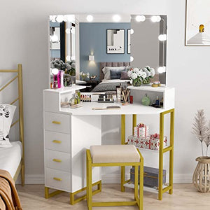 PAKASEPT Corner Vanity Set with Three-Fold Mirror & Light Bulbs, Makeup Desk with 4 Storage Drawers for Women, Desk Vanity Set for Small Spaces, Bedroom