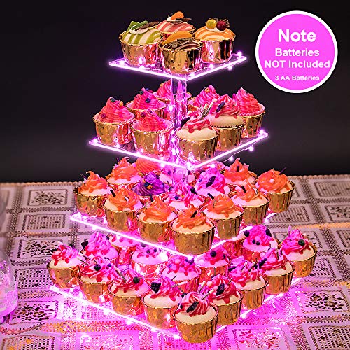 Cupcake Stand – Premium Cupcake Holder – Cady Bar Party Décor – 4 Tier Acrylic Tower Display for Pastry + LED Light String – Ideal for Weddings, Birthday (Pink Light)