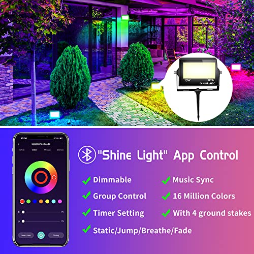 4 Pack LED Flood Light Outdoor with Stake, RGBCW DIY Color Changing Landscape Lighting 150W Equivalent, Bluetooth Smart Floodlight with App Control, Timing-20 Modes for Garden Yard, IP66 Waterproof
